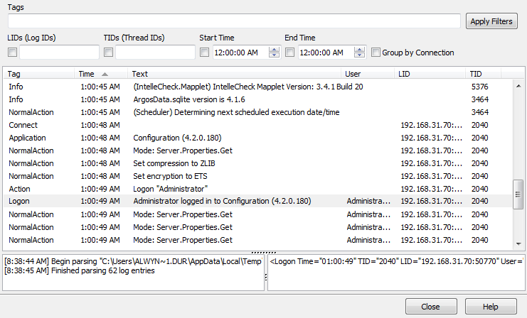 MAPS Log Viewer showing parsed log with filter and sort options